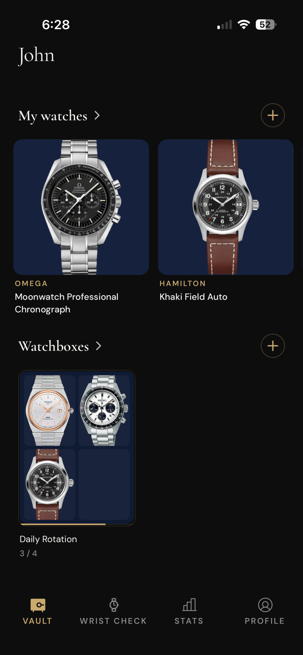 That Watch App — Vault view showing watch collection and watchboxes